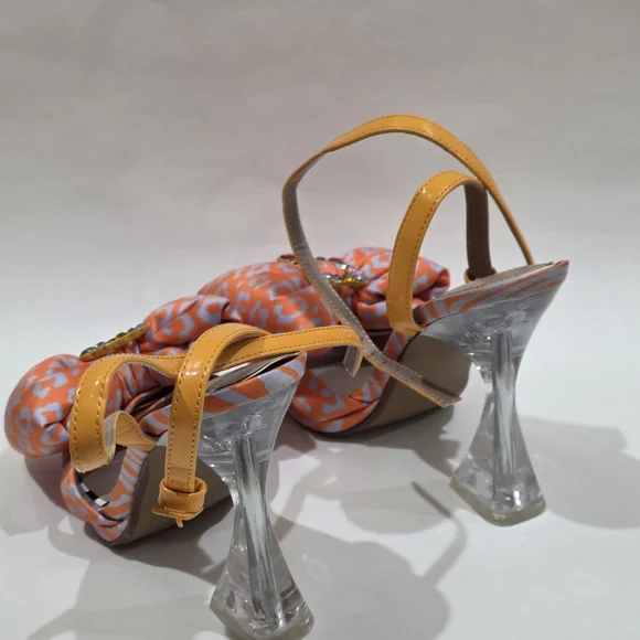 Betsey Johnson Size 6 Orange Patterned Bow Slingback Heels with Gem Accent - Picture 4 of 6